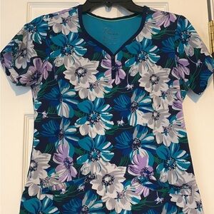 Premier Blue Fitted Blouse with Floral Design